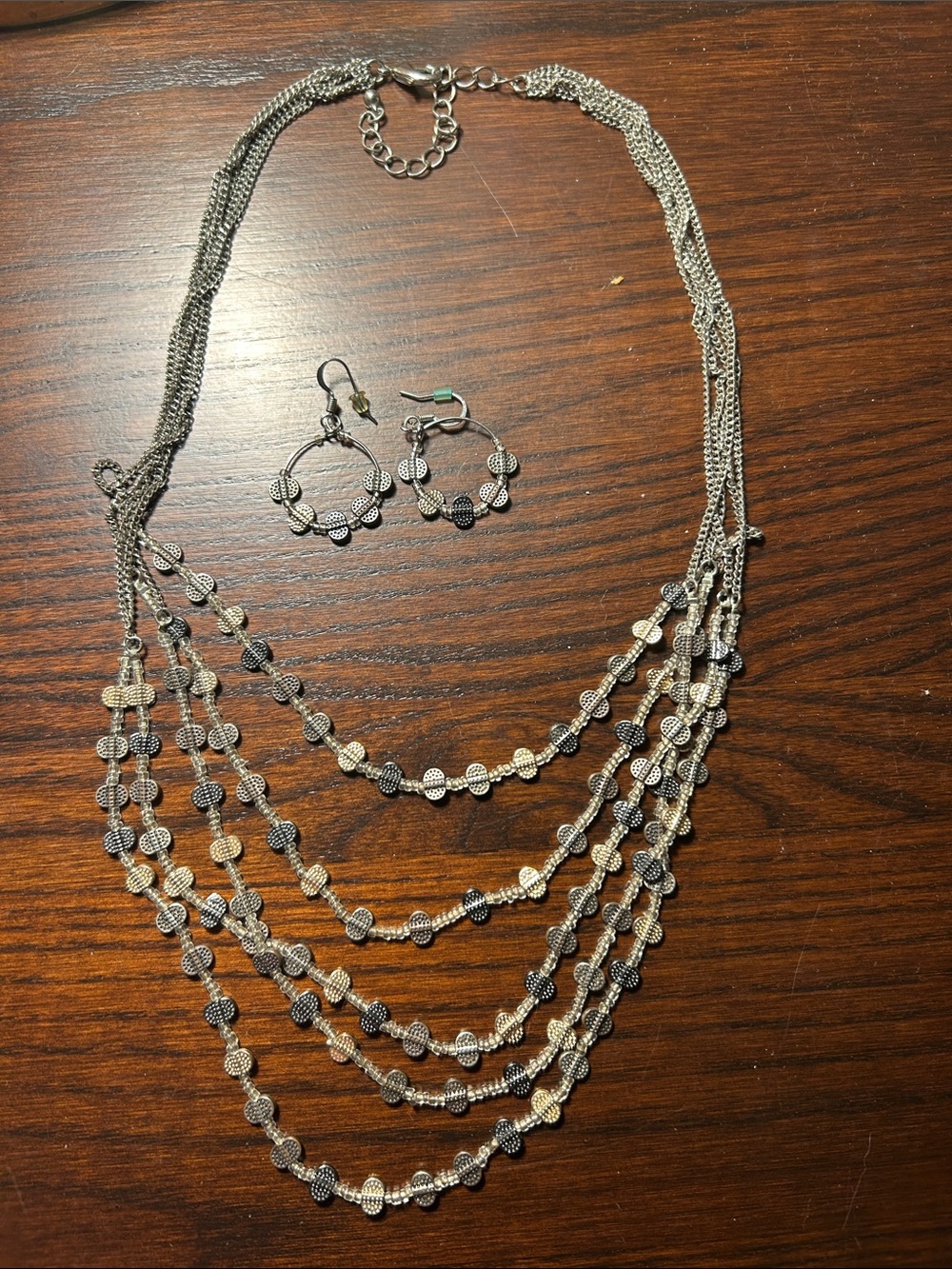 Silver-Tone Multi-Strand Beaded Necklace & Hoop Earrings Set